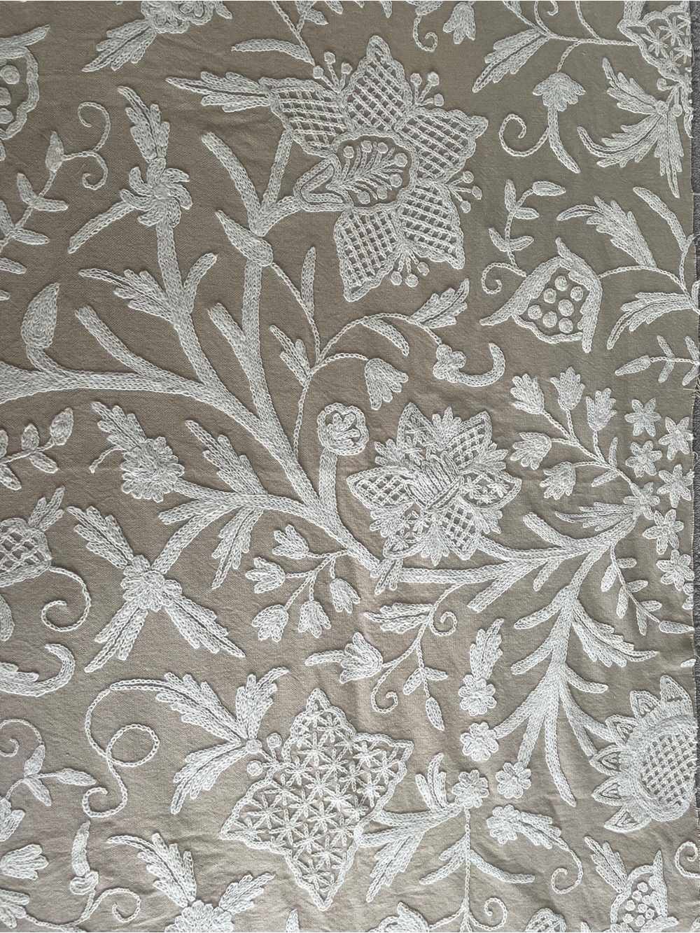 Crewel fabric .Beige with cream embroidery. Bolster pillow?